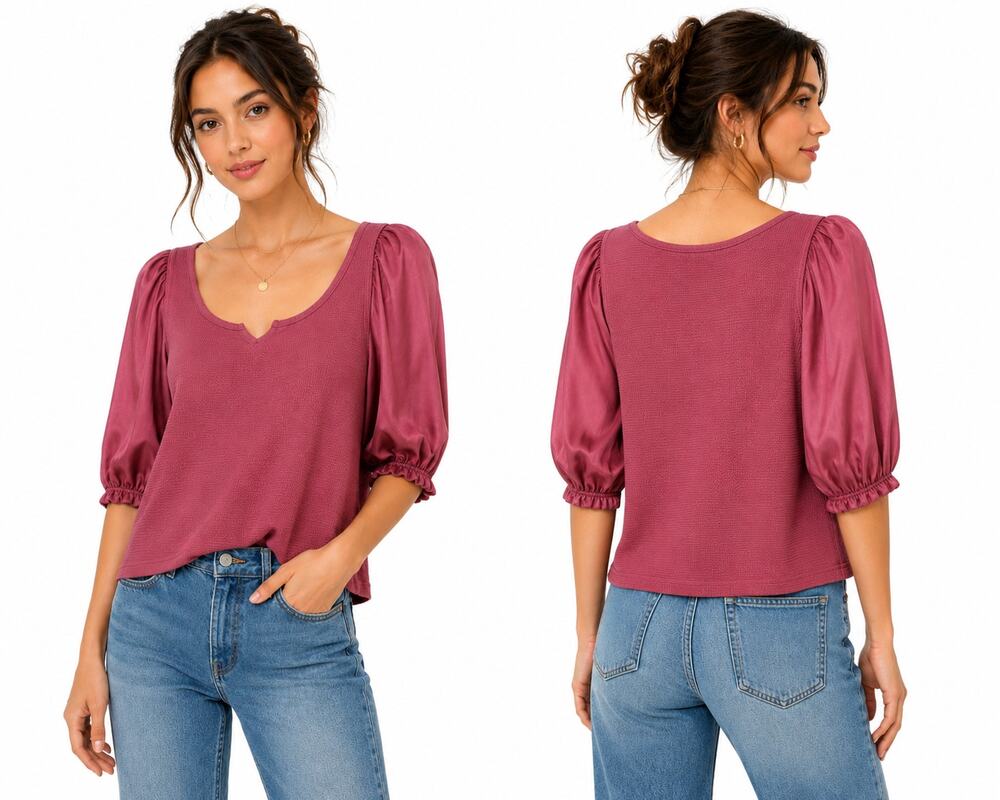 Maeve Anthropologie Ribbed Knit Top Puff Sleeve Mauve Womens XS